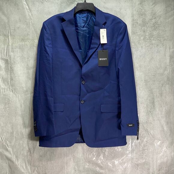 DKNY Solid Blue Modern-Fit Two-Button Notched Lapel Lined Long Suit Jacket SZ42L